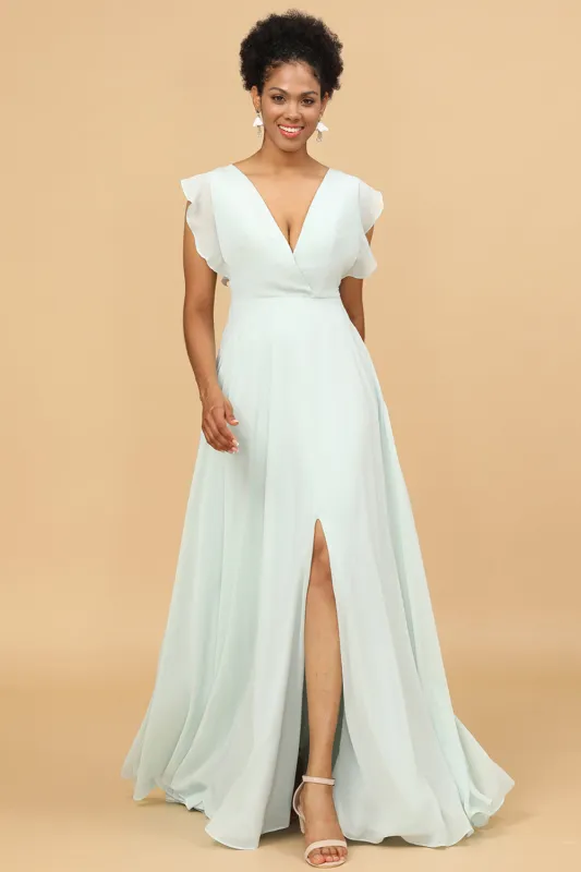 Mint V-Neck Long Chiffon Bridesmaid Dress with Slit made by Wedtrend