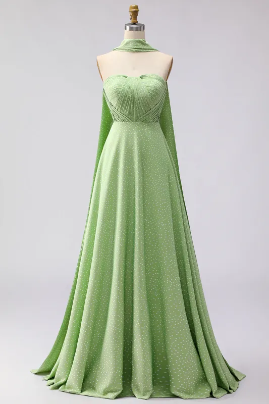 Strapless Green White Dot A Line Pleated Long Bridesmaid Dress with Streamer made by Wedtrend