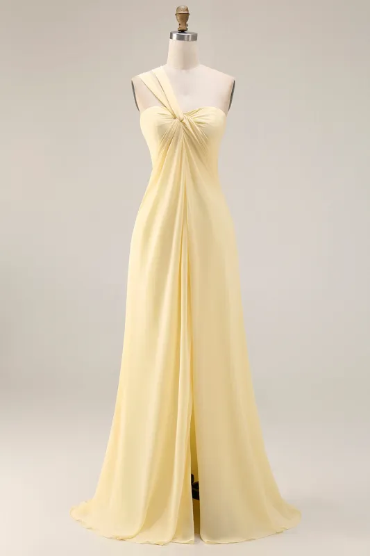 Lemon Sorbet A Line Chiffon Convertible Long Bridesmaid Dress with Slit sold by Wedtrend