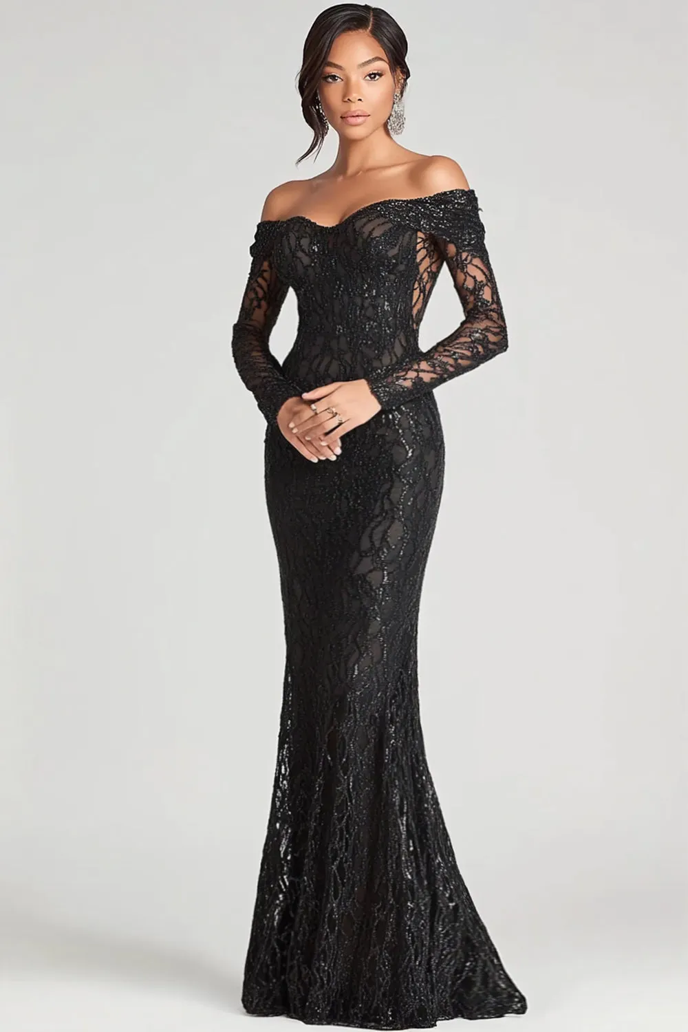 Off The Shoulder Black Sheath Mesh Lace Formal Dress sold by Wedtrend product image thumbnail 3