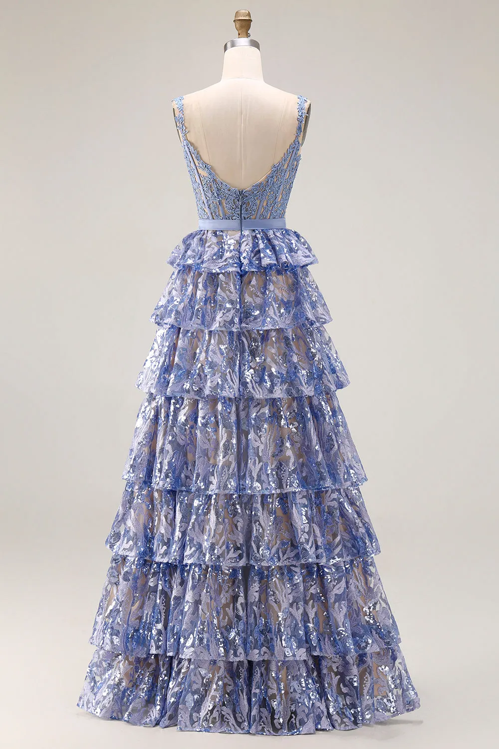 Grey Blue A Line Corset Beaded Sequin Tiered Ruffle Prom Dress with Slit sold by Wedtrend product image thumbnail 2