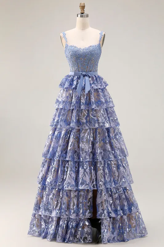 Grey Blue A Line Corset Beaded Sequin Tiered Ruffle Prom Dress with Slit made by Wedtrend