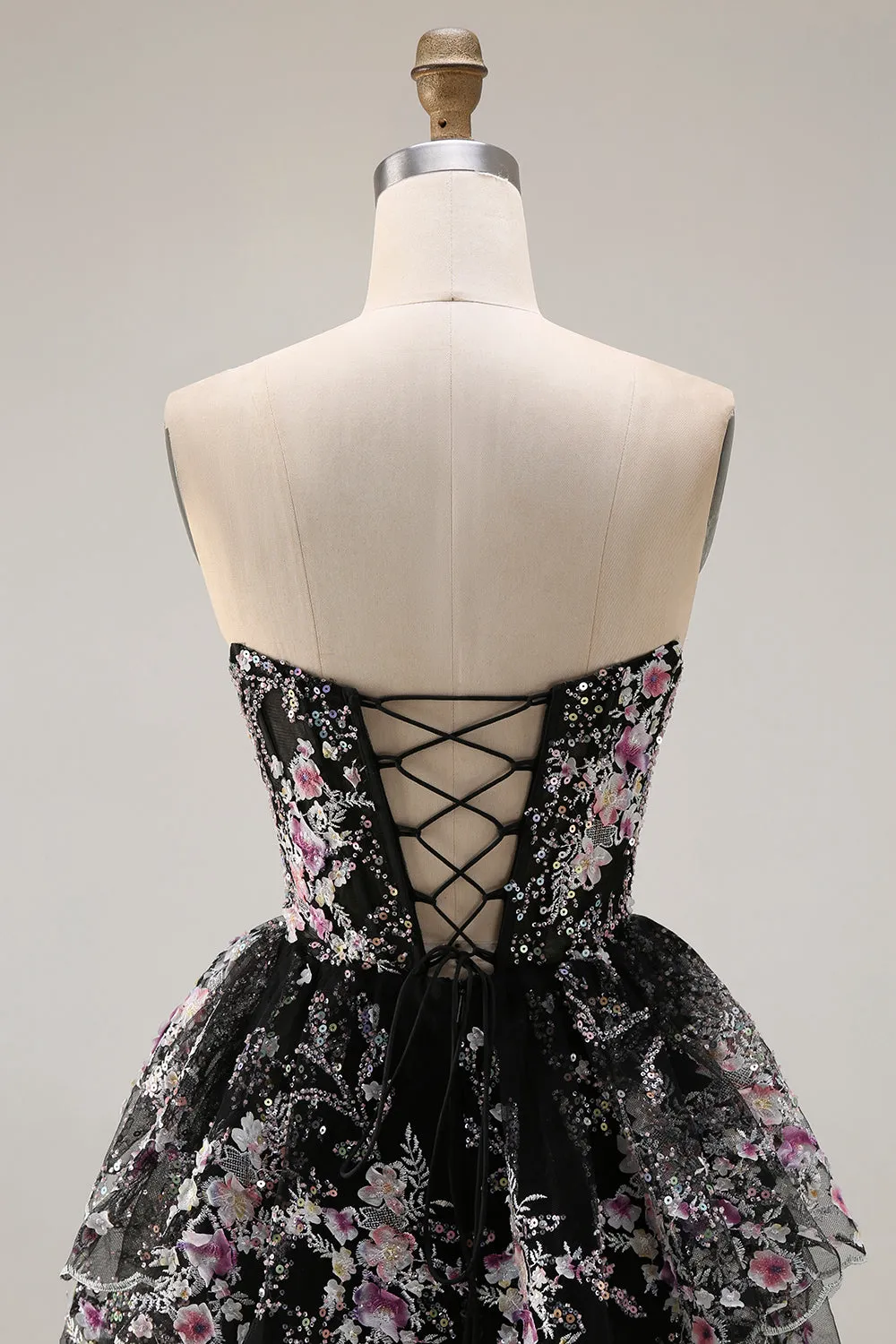 Black Pink Flower Strapless A Line Sequin Tiered Long Prom Dress with Ruffles sold by Wedtrend product image thumbnail 5