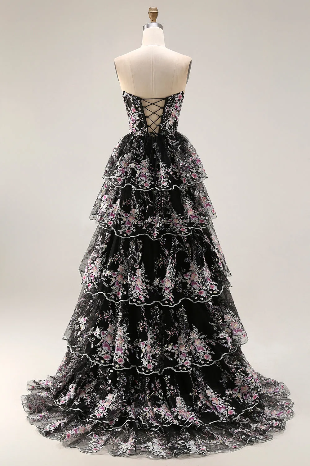 Black Pink Flower Strapless A Line Sequin Tiered Long Prom Dress with Ruffles sold by Wedtrend product image thumbnail 2