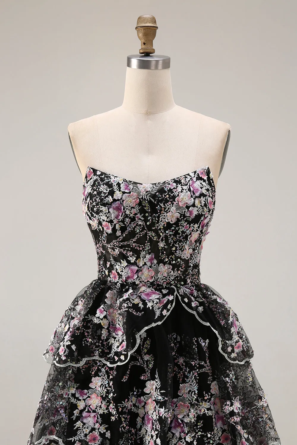 Black Pink Flower Strapless A Line Sequin Tiered Long Prom Dress with Ruffles sold by Wedtrend product image thumbnail 3