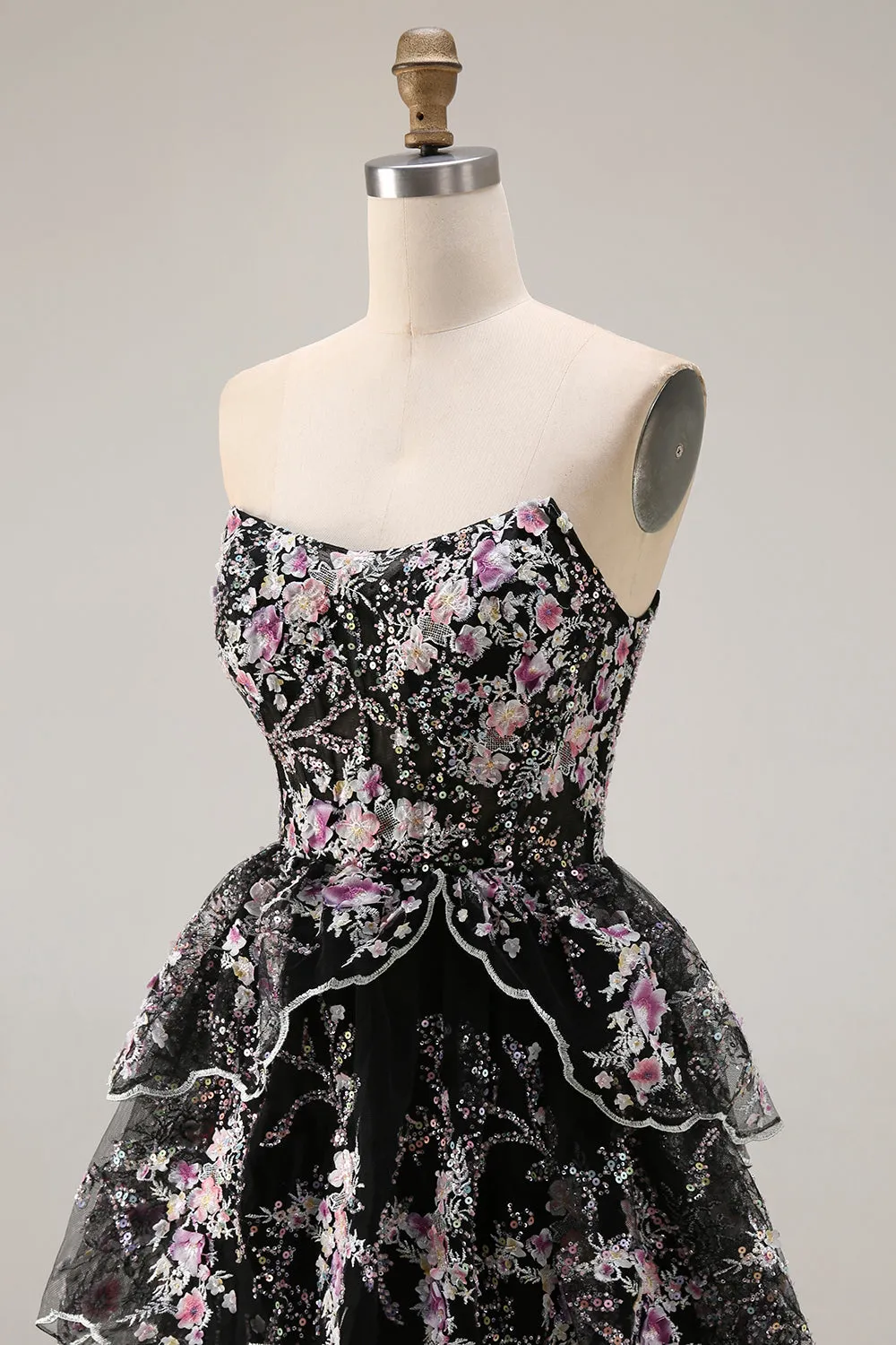 Black Pink Flower Strapless A Line Sequin Tiered Long Prom Dress with Ruffles sold by Wedtrend product image thumbnail 4