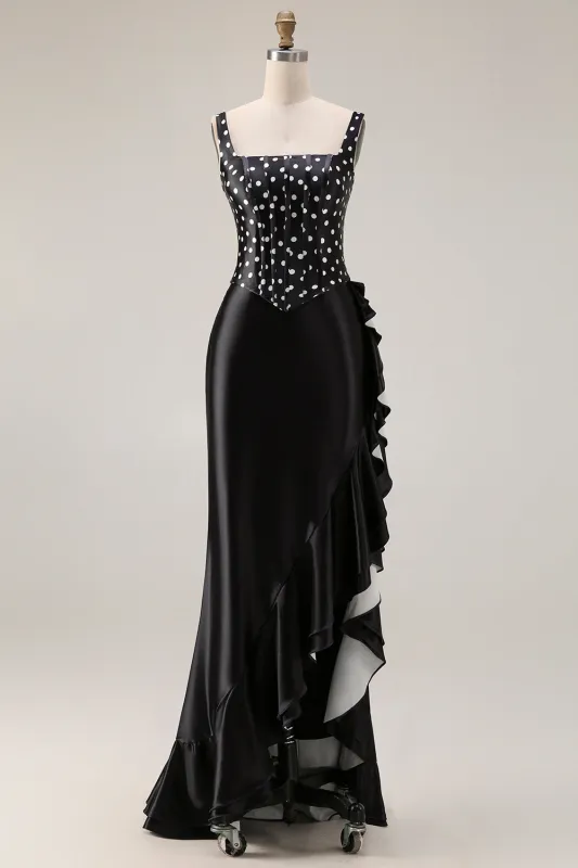 Black White Dot Corset Mermaid Satin Prom Dress with Ruffles made by Wedtrend