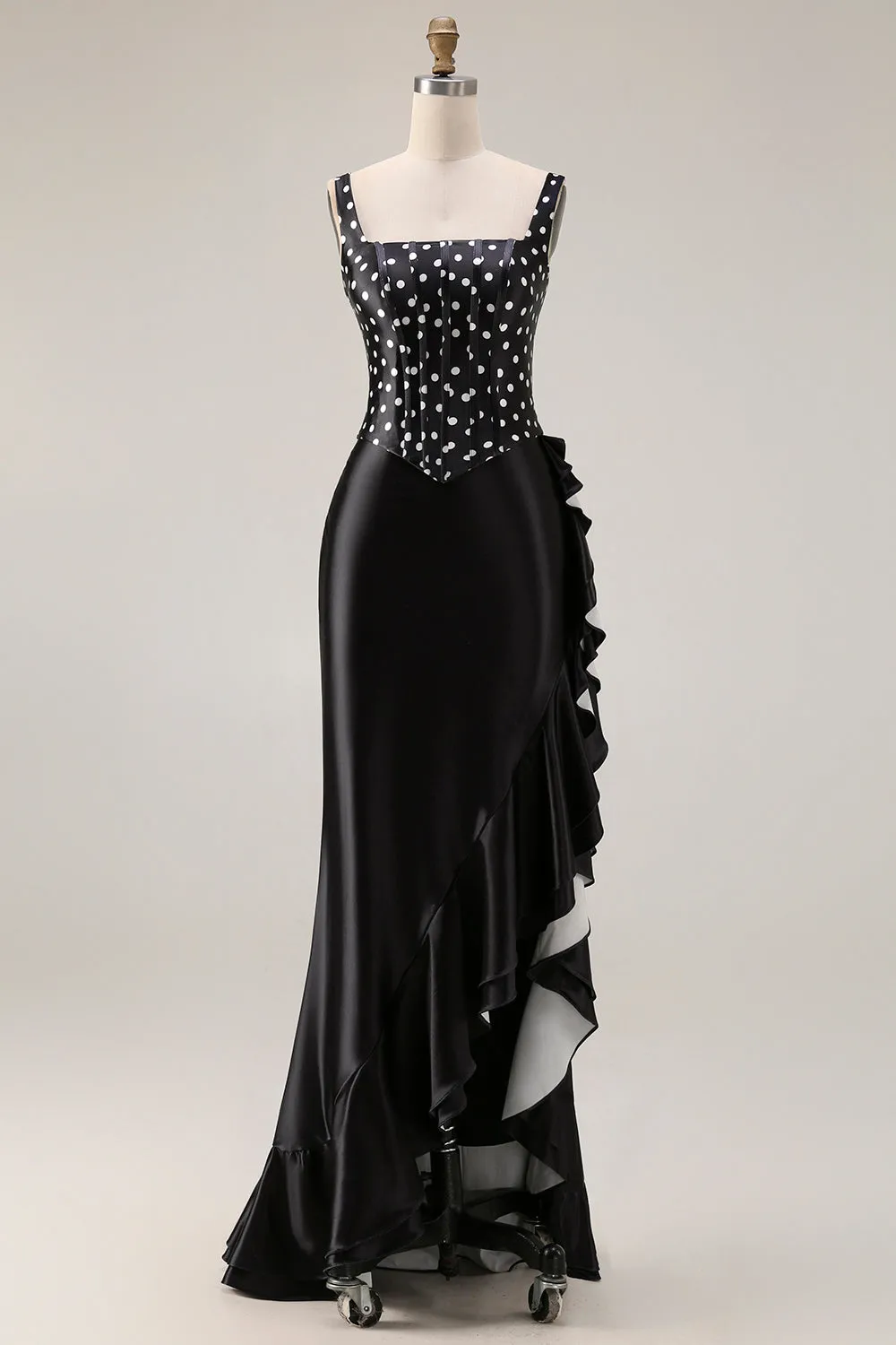 Black White Dot Corset Mermaid Satin Prom Dress with Ruffles sold by Wedtrend