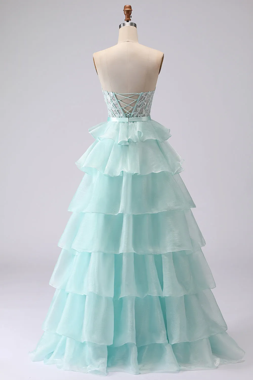 Beaded Green A Line Strapless Corset Tiered Ruffle Long Prom Dress with Slit sold by Wedtrend product image thumbnail 2
