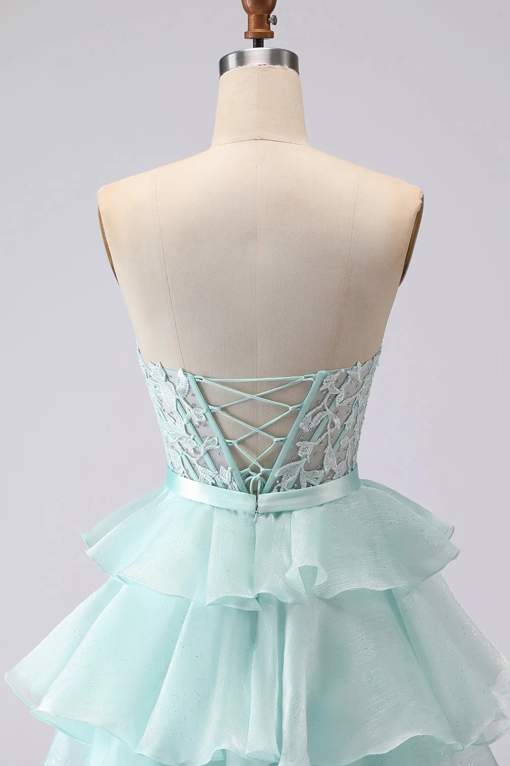 Beaded Green A Line Strapless Corset Tiered Ruffle Long Prom Dress with Slit sold by Wedtrend product image thumbnail 5
