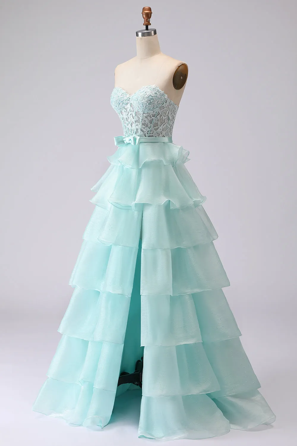 Beaded Green A Line Strapless Corset Tiered Ruffle Long Prom Dress with Slit sold by Wedtrend product image thumbnail 3