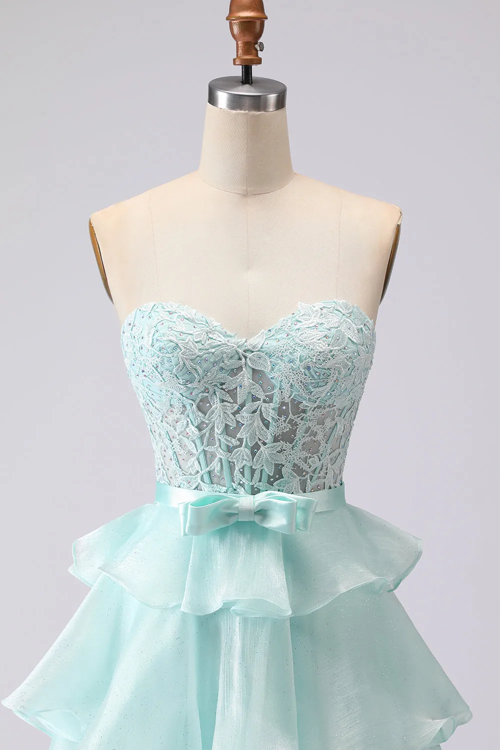 Beaded Green A Line Strapless Corset Tiered Ruffle Long Prom Dress with Slit sold by Wedtrend product image thumbnail 4