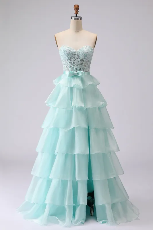 Beaded Green A Line Strapless Corset Tiered Ruffle Long Prom Dress with Slit made by Wedtrend