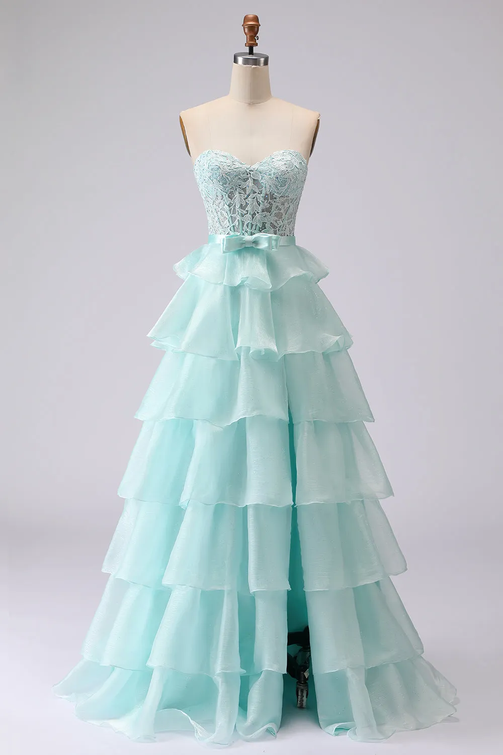 Beaded Green A Line Strapless Corset Tiered Ruffle Long Prom Dress with Slit sold by Wedtrend