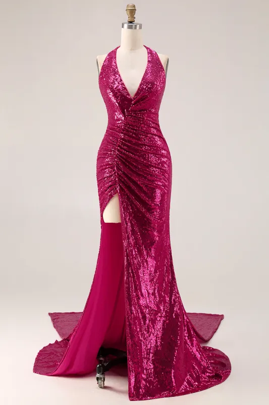 Sparkly Fuchsia Mermaid Halter Sequins Side Slit Long Prom Dress with Streamer sold by Wedtrend