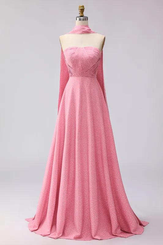 Strapless Pink White Dot A Line Pleated Long Bridesmaid Dress with Streamer sold by Wedtrend
