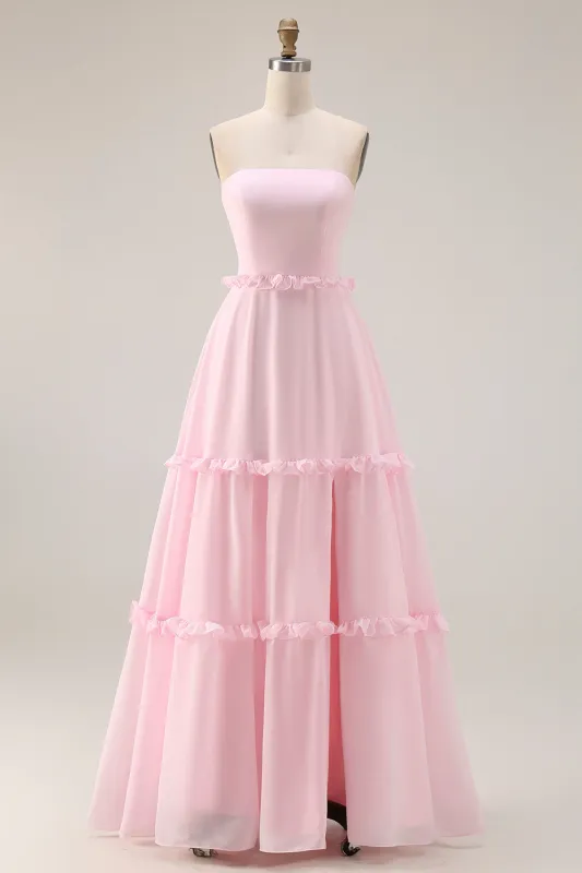 Blushing Pink A Line Strapless Chiffon Long Bridesmaid Dress with Slit made by Wedtrend
