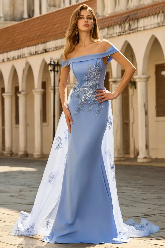 Off the Shoulder Grey Blue Mermaid Appliqued Mother Of The Bride Dress with Sequins sold by Wedtrend