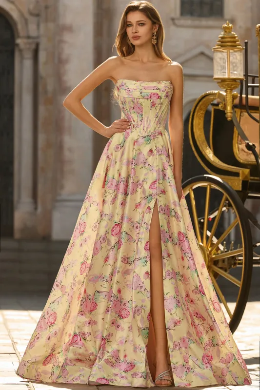 Strapless Yellow Pink Flower A Line Corset Long Prom Dress with Slit made by Wedtrend