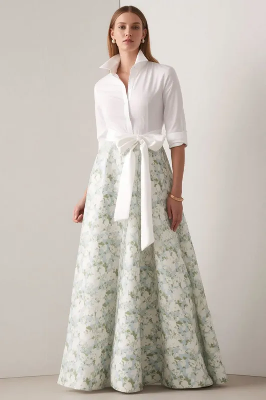 Blue Satin A-Line Half Sleeves White Floral Long Mother Of The Bride Dress with Sash made by Wedtrend