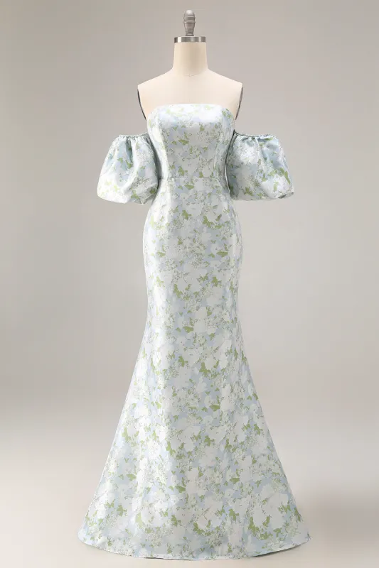 Strapless Blue White Flower Mermaid Satin Convertible Dress with Removable Sleeves made by Wedtrend