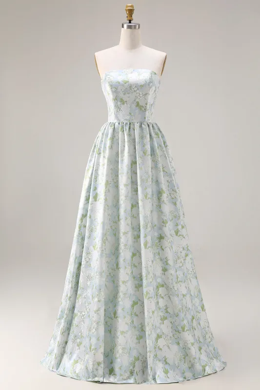Blue White Floral Strapless Print A-Line Long Satin Dress with Pockets made by Wedtrend