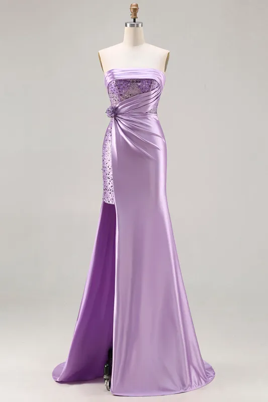 Purple Strapless Mermaid Sequin Ruched Long Prom Dress with Slit made by Wedtrend