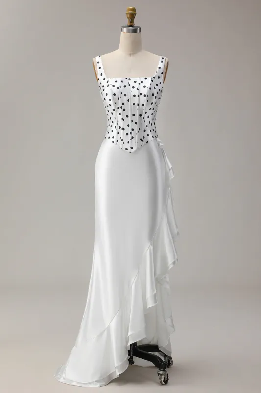 White Black Dot Corset Mermaid Satin Prom Dress with Ruffles made by Wedtrend