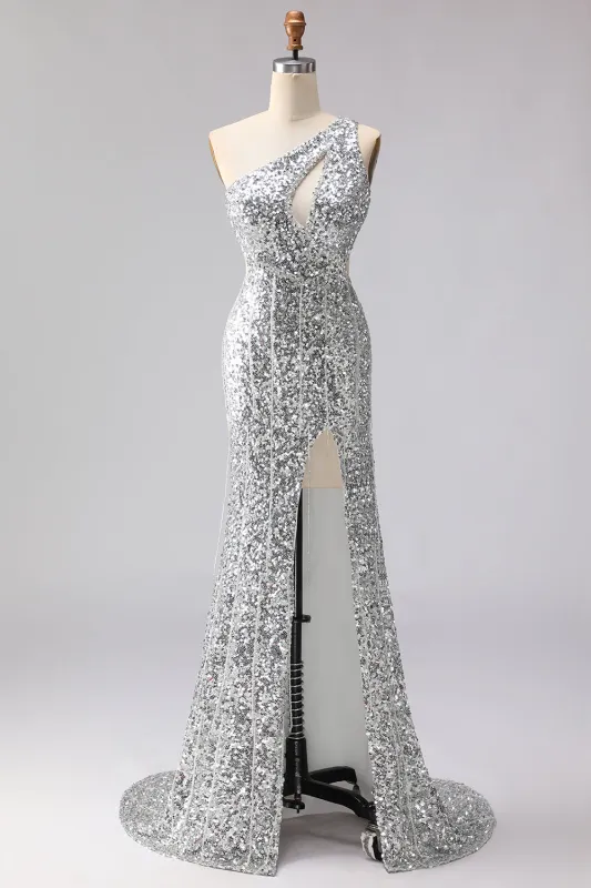 Sparkly Silver One Shoulder Fringed Mermaid Cut Out Sequin Prom Dress with Slit made by Wedtrend