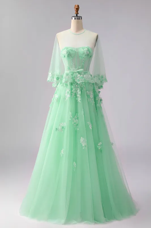 Green A Line Appliqued Corset Convertible Tulle Long Prom Dress made by Wedtrend