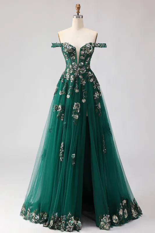 Off The Shoulder Dark Green Floral A-Line Corset Sequins Long Prom Dress with Slit made by Wedtrend