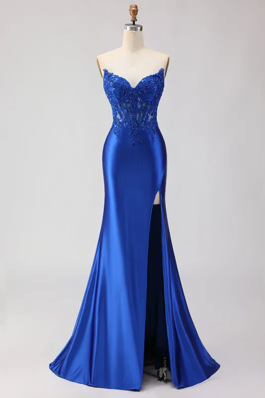 Royal Blue Beaded Strapless Mermaid Corset Satin Long Prom Dress with Slit made by Wedtrend