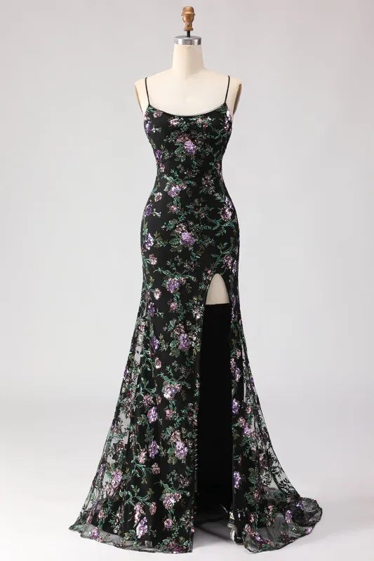 Sparkly Black Purple Flower Sequin Mermaid Lace Up Back Long Prom Dress with Slit made by Wedtrend