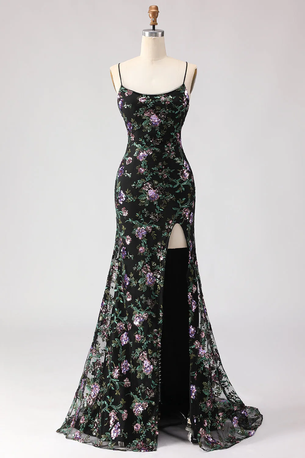 Sparkly Black Purple Flower Sequin Mermaid Lace Up Back Long Prom Dress with Slit sold by Wedtrend