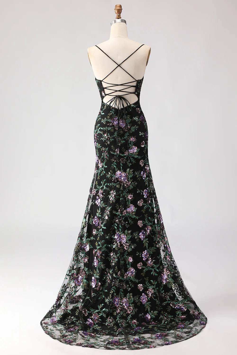 Sparkly Black Purple Flower Sequin Mermaid Lace Up Back Long Prom Dress with Slit sold by Wedtrend product image thumbnail 4