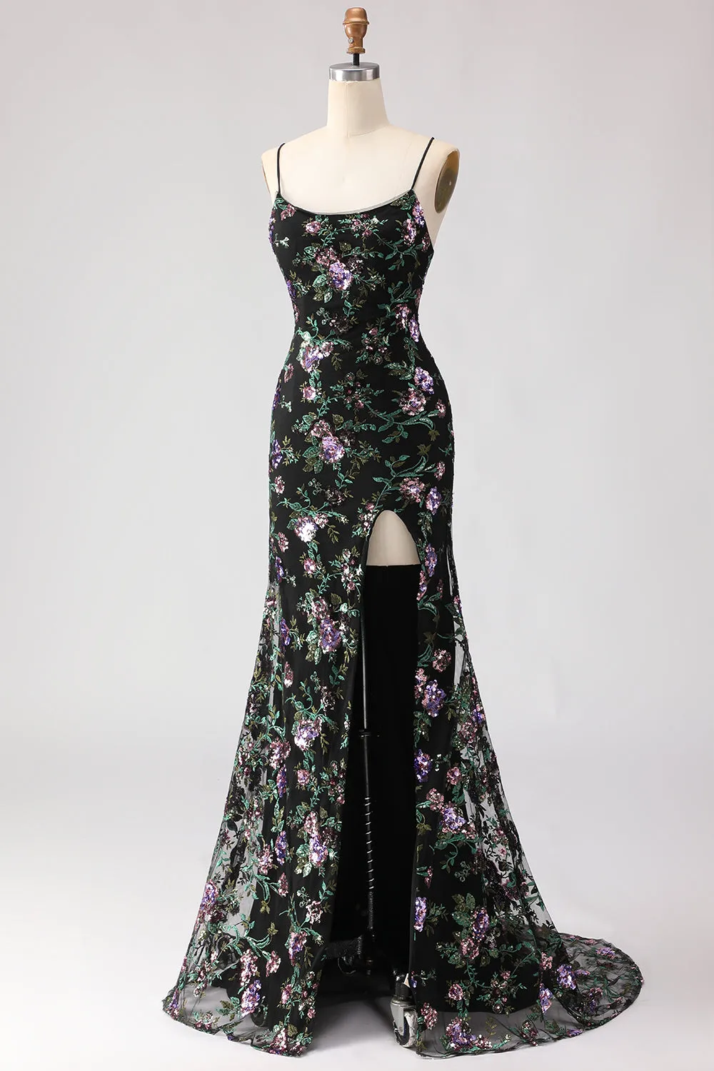 Sparkly Black Purple Flower Sequin Mermaid Lace Up Back Long Prom Dress with Slit sold by Wedtrend product image thumbnail 5