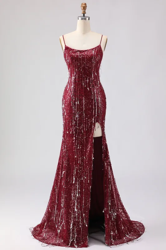 Sparkly Burgundy Sequin Mermaid Long Prom Dress with Slit made by Wedtrend