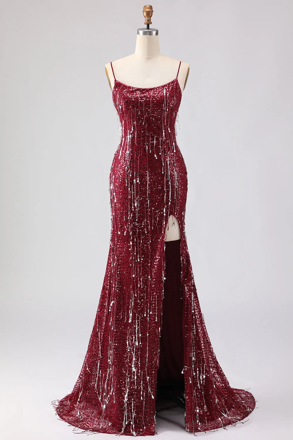 Sparkly Burgundy Sequin Mermaid Long Prom Dress with Slit sold by Wedtrend