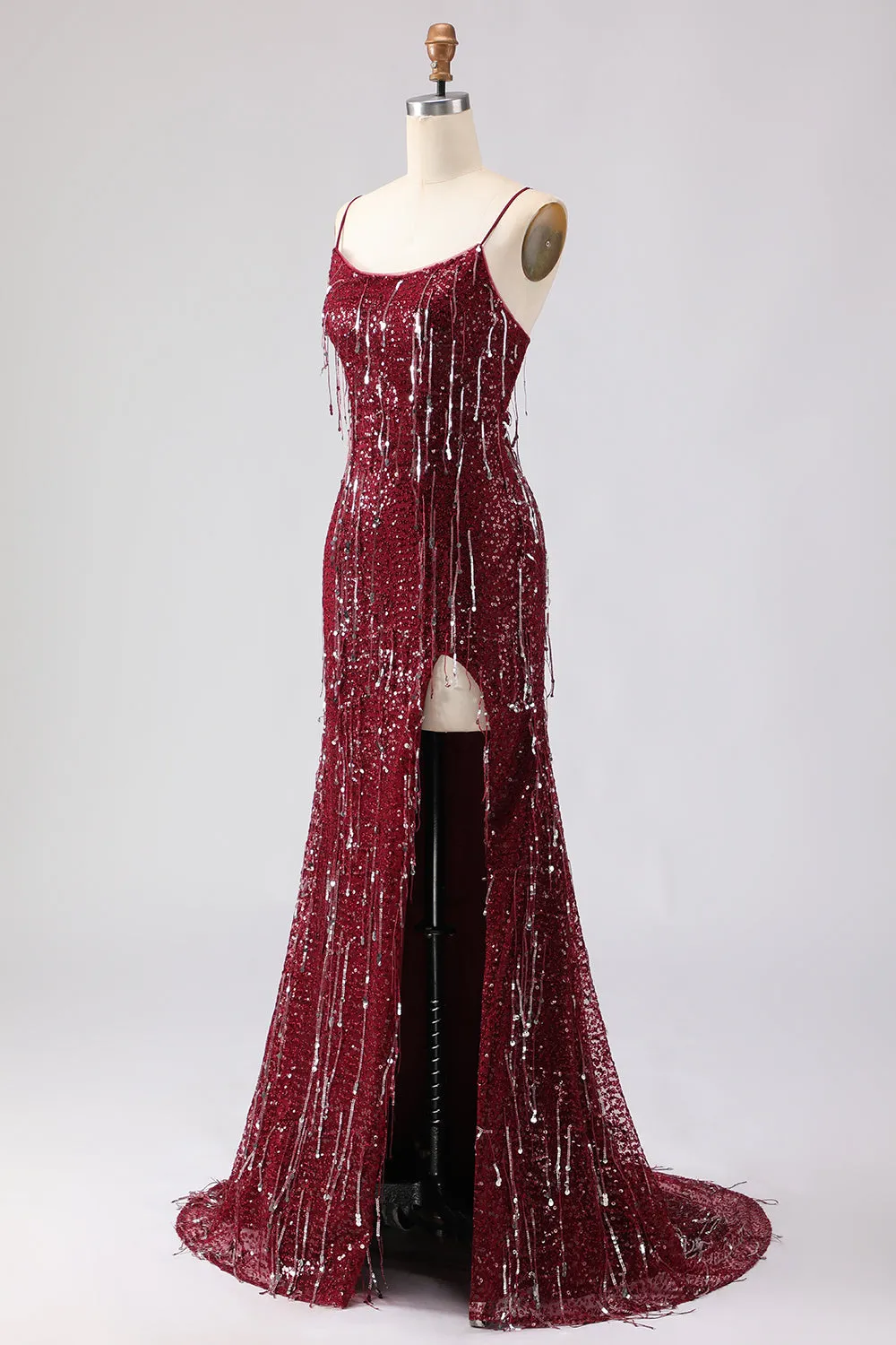 Sparkly Burgundy Sequin Mermaid Long Prom Dress with Slit sold by Wedtrend product image thumbnail 3