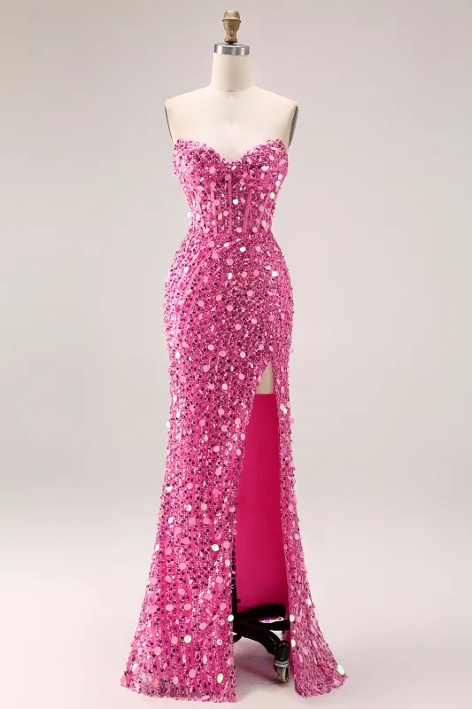 Sparkly Pink Strapless Corset Sequins Long Prom Dress with Slit made by Wedtrend