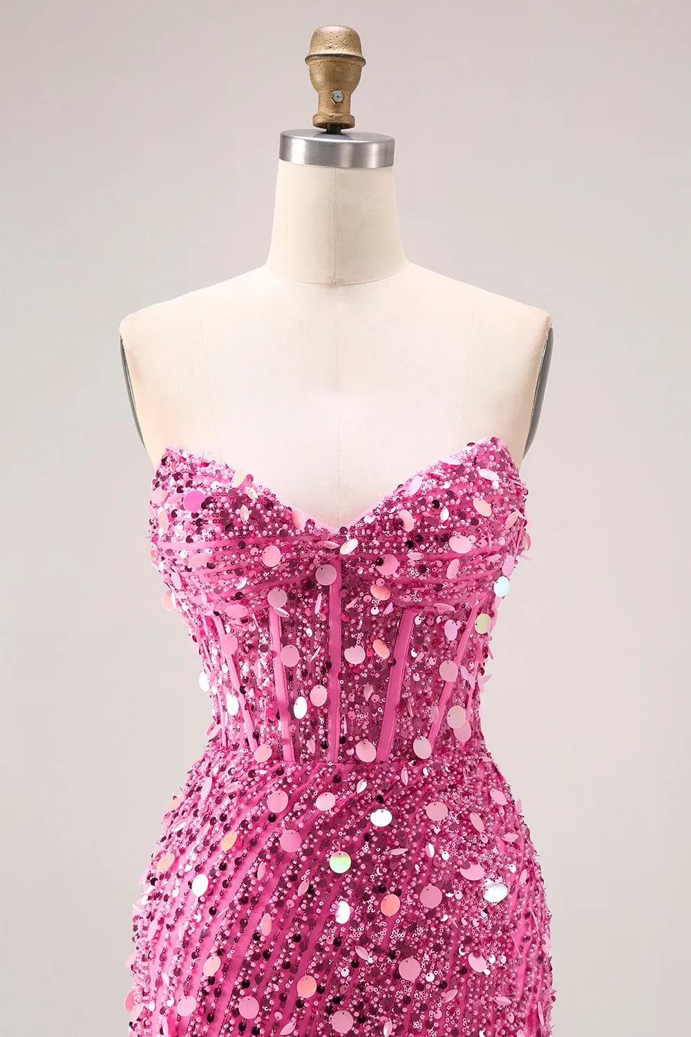 Sparkly Pink Strapless Corset Sequins Long Prom Dress with Slit sold by Wedtrend product image thumbnail 4