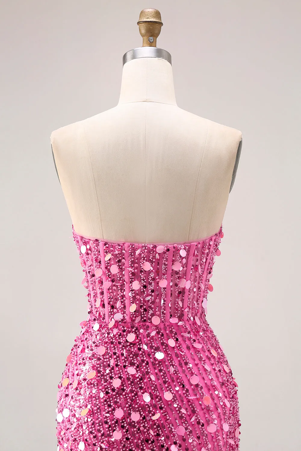 Sparkly Pink Strapless Corset Sequins Long Prom Dress with Slit sold by Wedtrend product image thumbnail 5