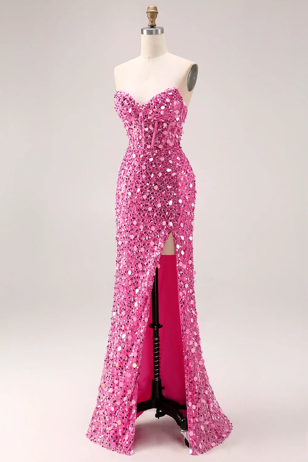 Sparkly Pink Strapless Corset Sequins Long Prom Dress with Slit sold by Wedtrend product image thumbnail 3