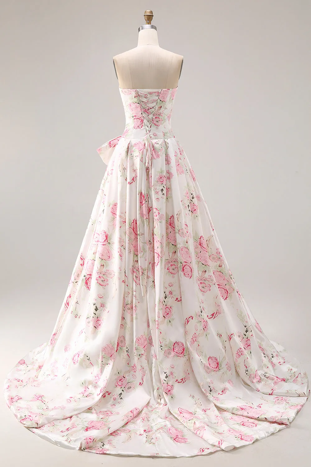 Princess Strapless White Pink Flower Print Long Prom Dress with Large Bow sold by Wedtrend product image thumbnail 2