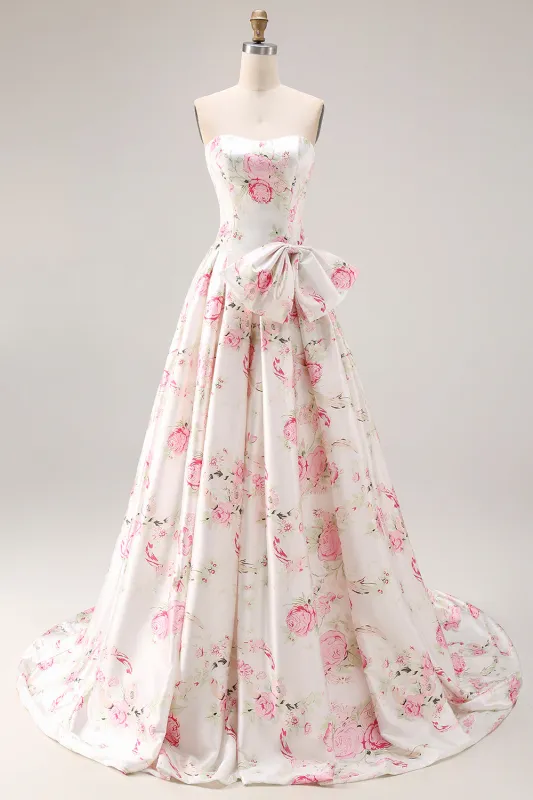 Princess Strapless White Pink Flower Print Long Prom Dress with Large Bow sold by Wedtrend