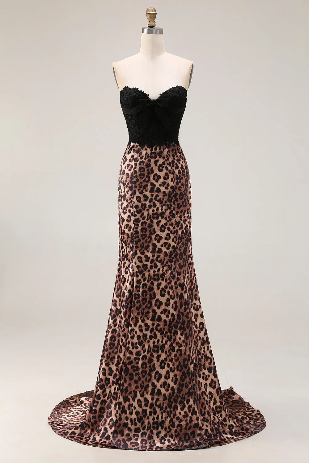 Brown Leopard Sweetheart Mermaid Long Prom Dress with Bow sold by Wedtrend