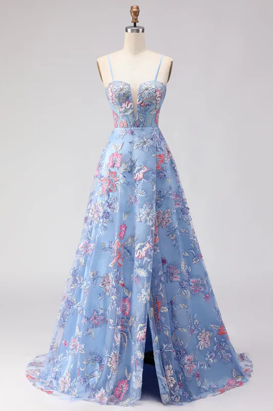 Blue Floral A Line Corset Appliqued Long Prom Dress with Slit made by Wedtrend