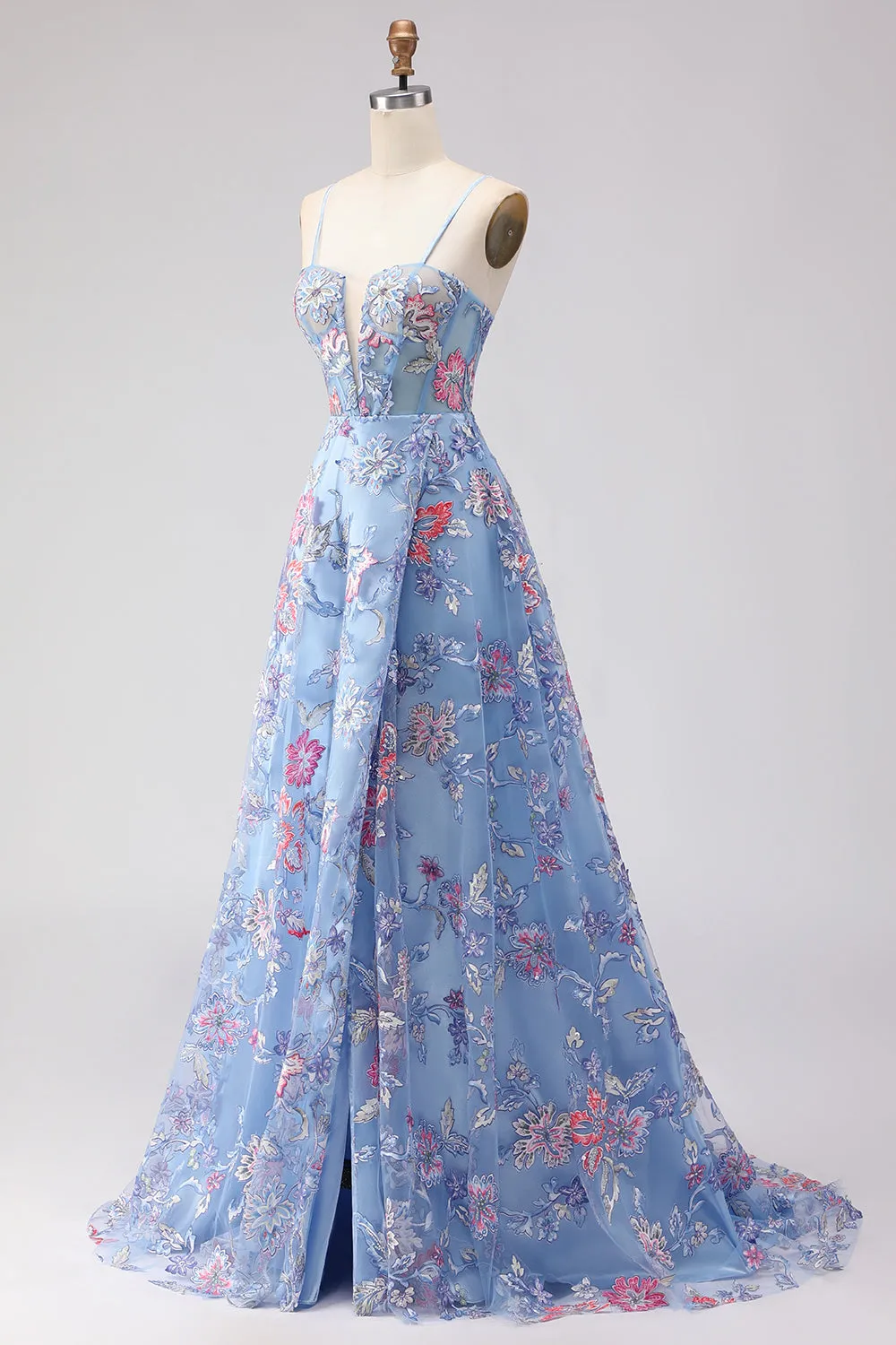 Blue Floral A Line Corset Appliqued Long Prom Dress with Slit sold by Wedtrend product image thumbnail 3