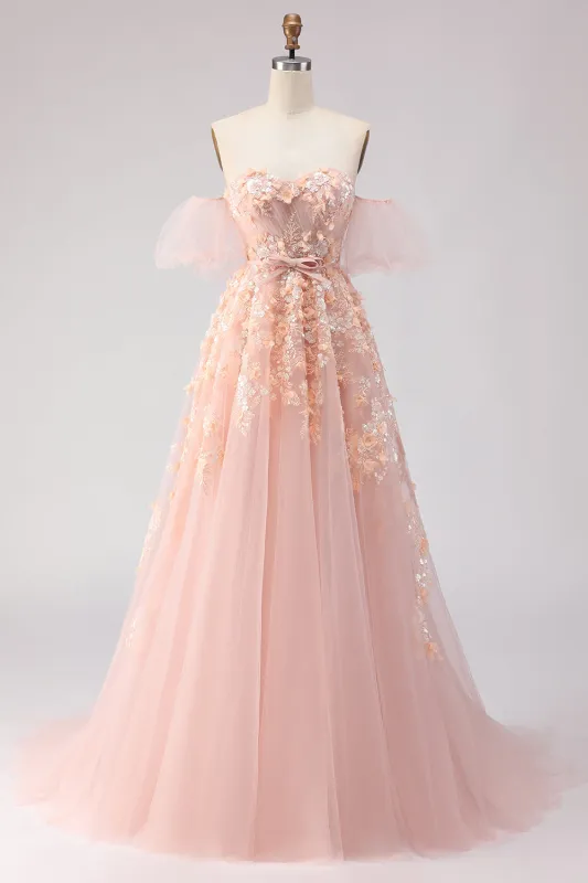 Off the Shoulder Blush A Line Sequin Beaded Long Prom Dress with Removable Sleeves made by Wedtrend
