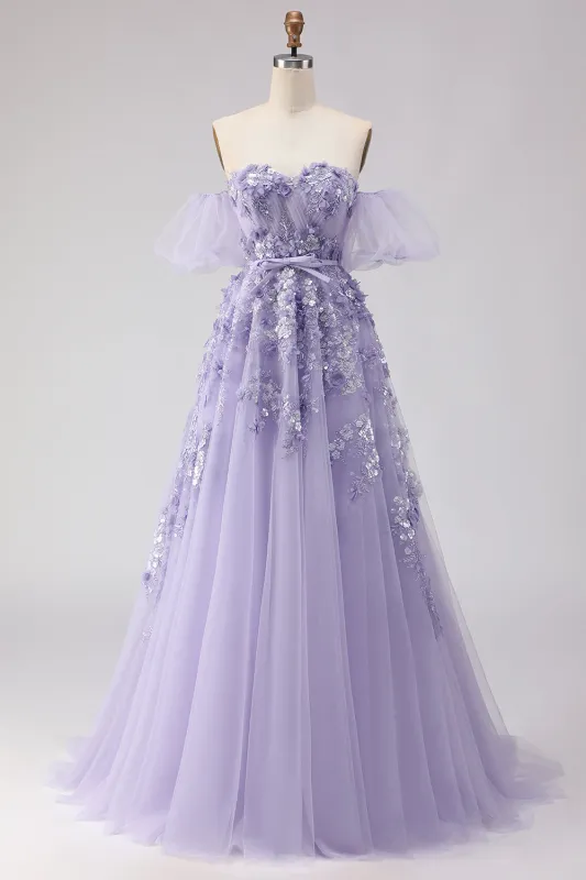 Off the Shoulder Purple A Line Sequin Beaded Long Prom Dress with Removable Sleeves sold by Wedtrend
